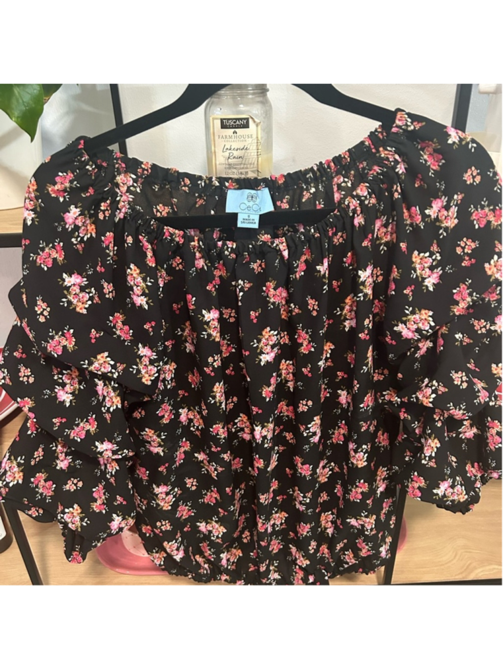 CeCe Black and Pink Floral Blouse